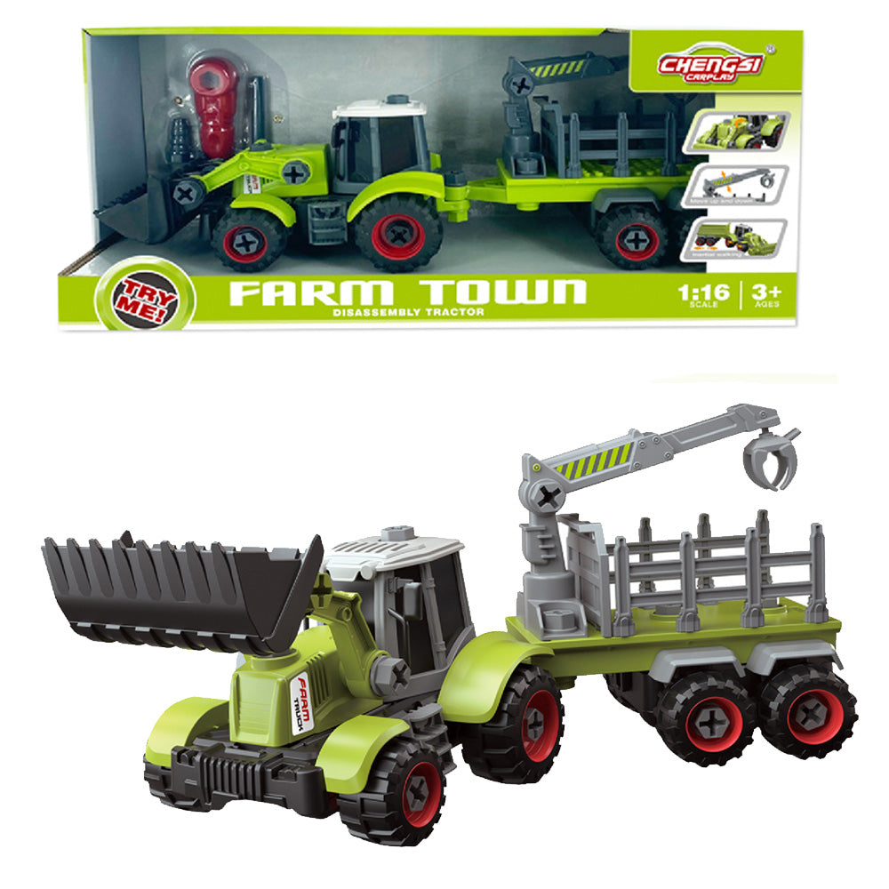 Traktor z łyżką i przyczepą do skręcania