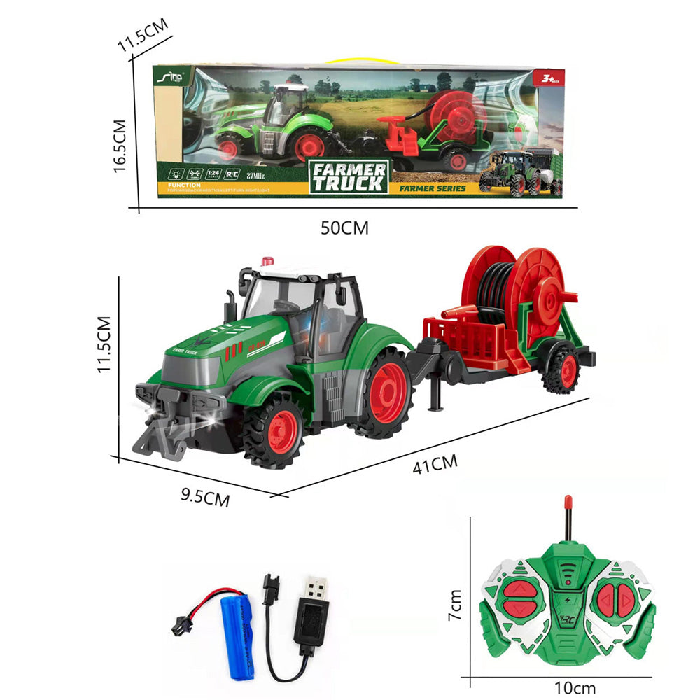Zdalnie sterowany traktor z wężem do podlewania