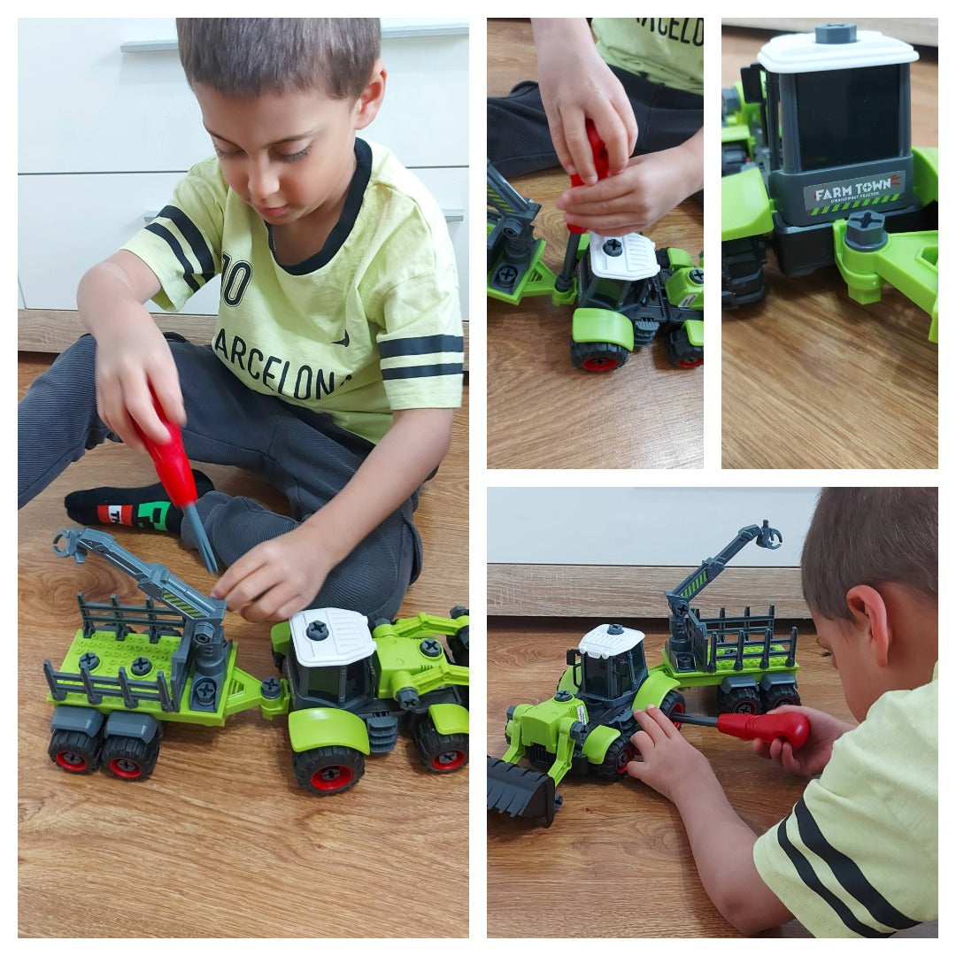 Traktor z łyżką i przyczepą do skręcania