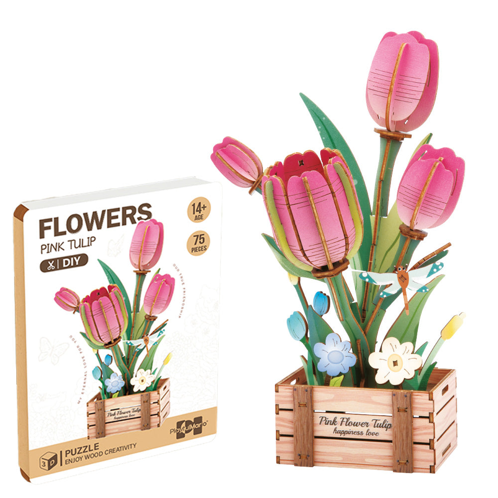 Drewniane puzzle 3D – Tulipany w skrzynce