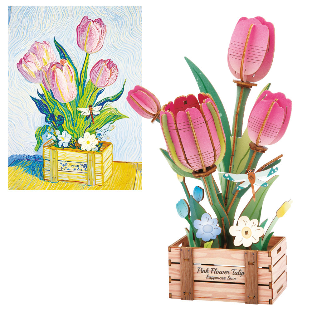 Drewniane puzzle 3D – Tulipany w skrzynce