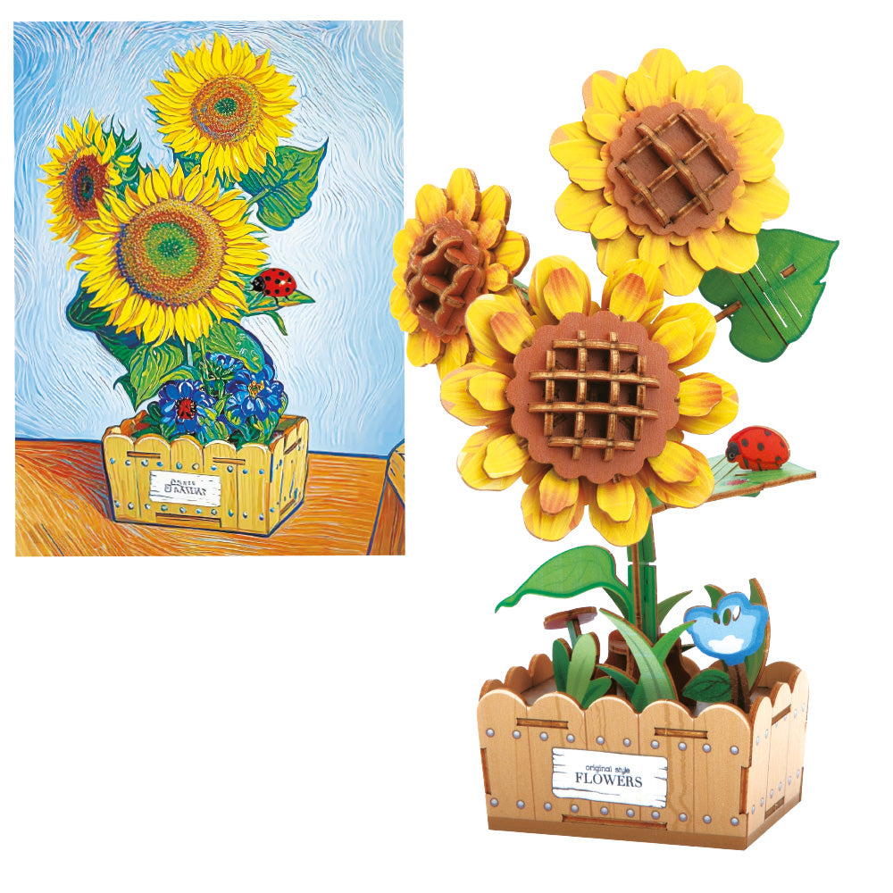 Drewniane puzzle 3D – Słoneczniki w skrzynce