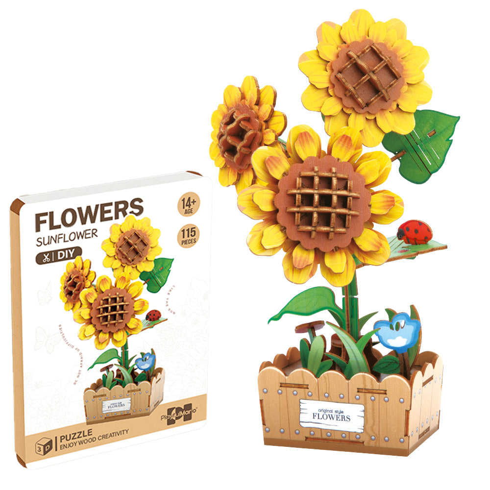 Drewniane puzzle 3D – Słoneczniki w skrzynce