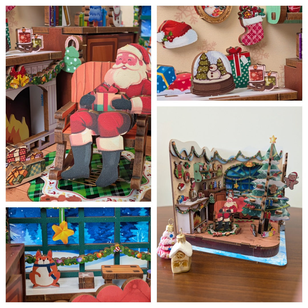 Drewniane puzzle ze światełkami i pozytywką - Dom Świętego Mikołaja