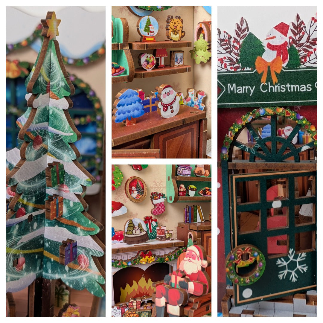 Drewniane puzzle ze światełkami i pozytywką - Dom Świętego Mikołaja