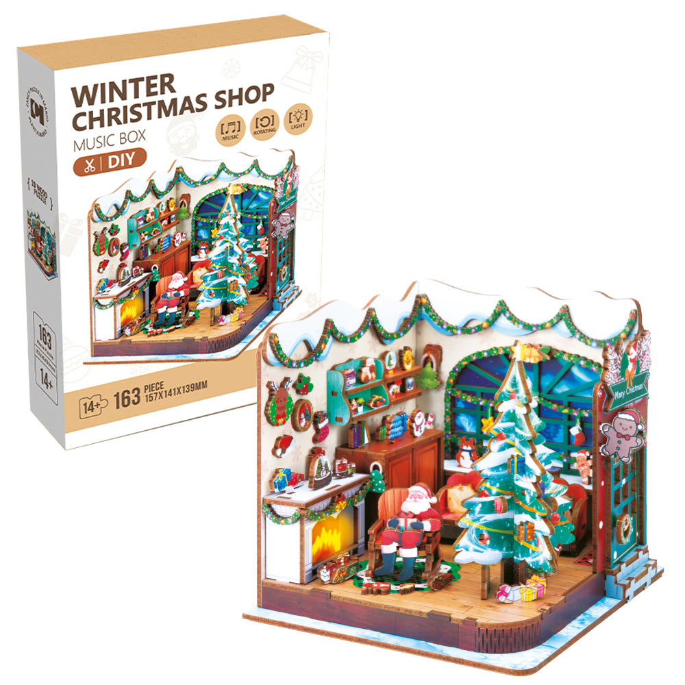 Drewniane puzzle ze światełkami i pozytywką - Dom Świętego Mikołaja