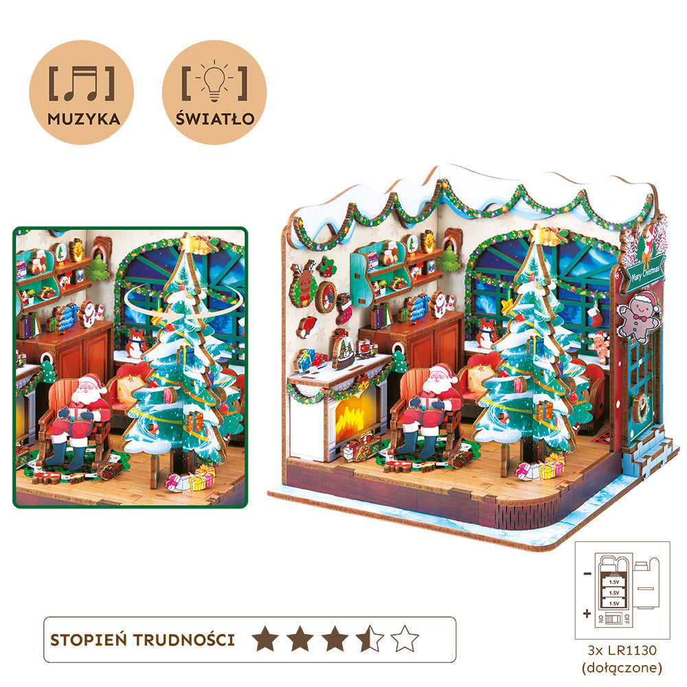 Drewniane puzzle ze światełkami i pozytywką - Dom Świętego Mikołaja