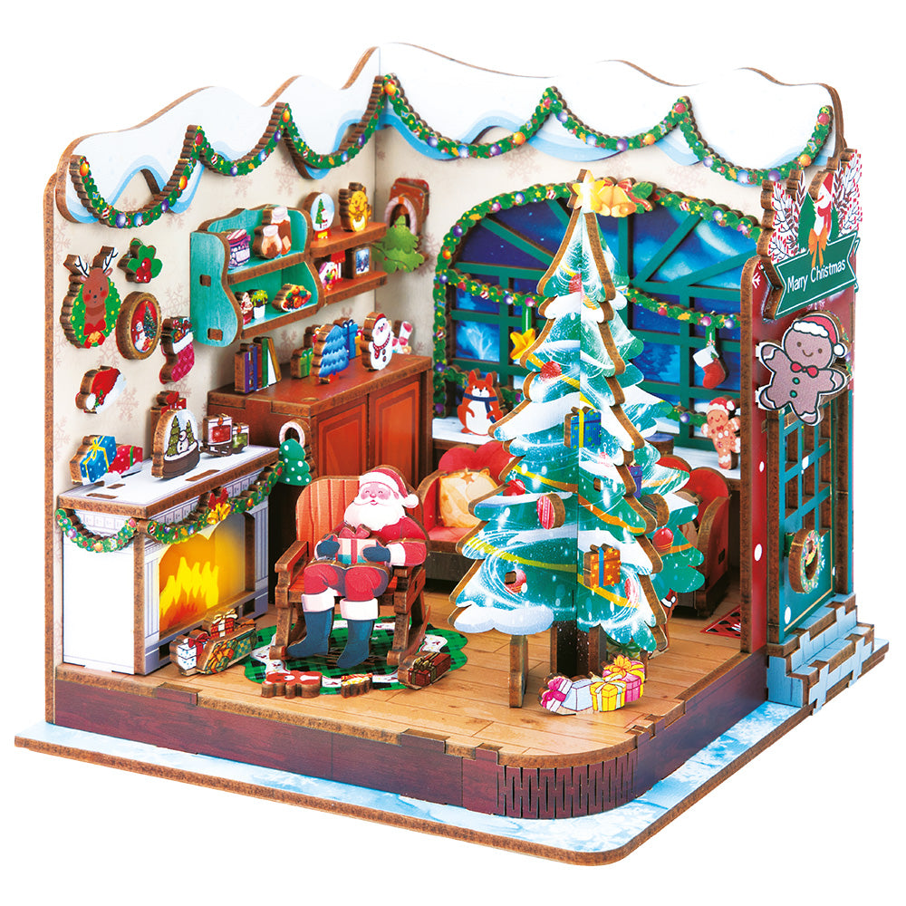 Drewniane puzzle ze światełkami i pozytywką - Dom Świętego Mikołaja