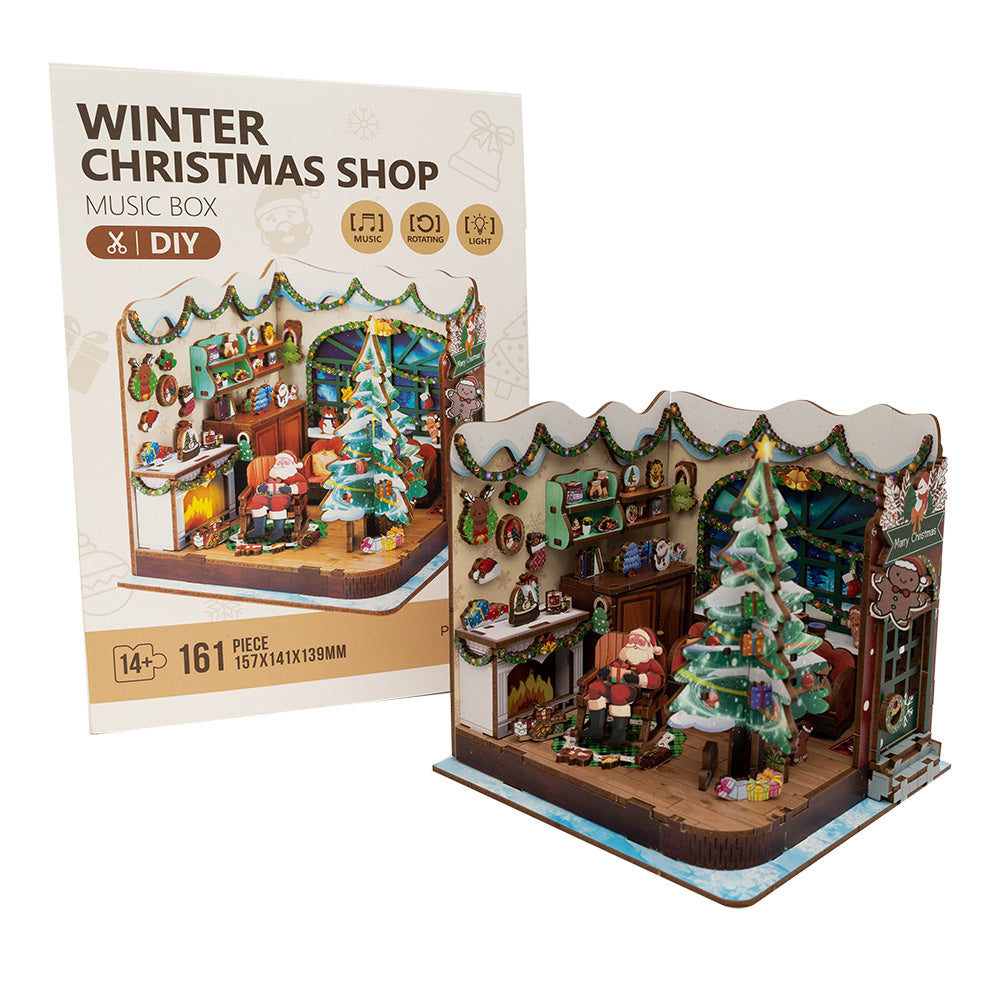 Drewniane puzzle ze światełkami i pozytywką - Dom Świętego Mikołaja