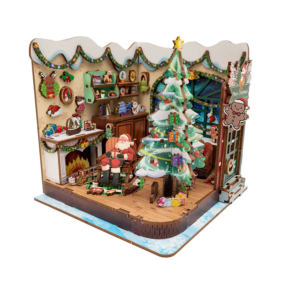 Drewniane puzzle ze światełkami i pozytywką - Dom Świętego Mikołaja